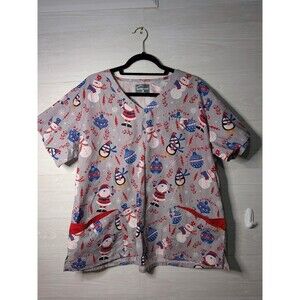 Butter-Soft Scrub Top 2X Christmas Holiday Santa Penguin Medical Fair Condition